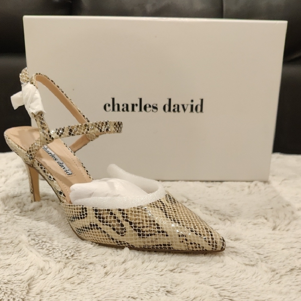 Charles David Tan and Black Snake Print Heels